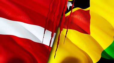 Letonya ve Nevis Adası bayraklarında yara izi var. Dalgalanan bayrak, 3 boyutlu görüntüleme. Letonya ve Nevis Adası çatışma konsepti. Letonya Nevis Adası ilişkileri kavramı. Letonya ve Nevis Adaları bayrağı