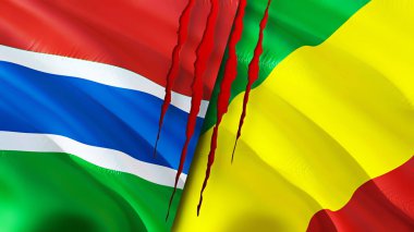 Gambiya ve Kongo yara izi olan bayraklar. Dalgalanan bayrak, 3 boyutlu görüntüleme. Gambiya ve Kongo çatışma konsepti. Gambiya Kongo ilişkileri kavramı. Gambiya ve Kongo bayrağı krizi, savaş, saldırı konsepti