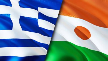 Yunanistan ve Nijer bayrakları. 3 boyutlu dalgalanan bayrak tasarımı. Yunanistan Nijer bayrağı, resim, duvar kağıdı. Yunanistan Nijer 'e karşı, görüntü 3D. Yunanistan Nijer ilişkileri ittifak ve ticaret, seyahat ve turizm consepti