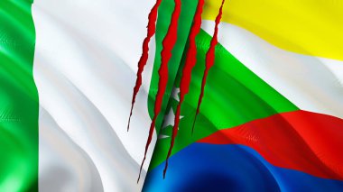 Yara izi olan Nijerya ve Komoros bayrakları. Dalgalanan bayrak, 3 boyutlu görüntüleme. Nijerya ve Komoros çatışma konsepti. Nijerya Komoros ilişkileri kavramı. Nijerya bayrağı ve Komoros krizi, savaş, saldırı konsepti