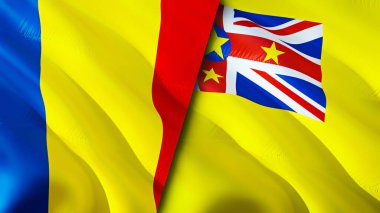 Romanya ve Niue bayrakları. 3 boyutlu dalgalanan bayrak tasarımı. Romanya bayrağı, resim, duvar kağıdı. Romanya, Niue 'ya karşı imaj, 3D görüntüleme. Romanya Niue ilişkileri ittifak ve ticaret, seyahat ve turizm konsepti