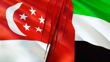 Singapur ve Birleşik Arap Emirlikleri yara izi olan bayraklar. Dalgalanan bayrak, 3 boyutlu görüntüleme. Singapur ve Birleşik Arap Emirlikleri çatışma konsepti. Singapur Birleşik Arap Emirlikleri ilişkileri kavramı. bayrak o