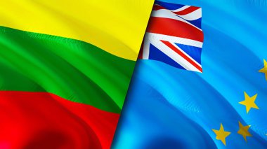 Litvanya ve Tuvalu bayrakları. 3 boyutlu dalgalanan bayrak tasarımı. Litvanya Tuvalu bayrağı, resim, duvar kağıdı. Litvanya Tuvalu 'ya karşı, görüntü 3 boyutlu. Litvanya Tuvalu ilişkileri ittifak ve ticaret, seyahat, turnuva