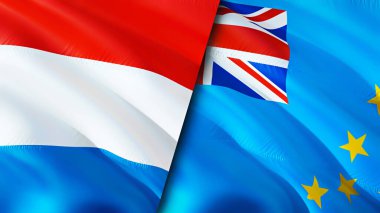 Lüksemburg ve Tuvalu bayrakları. 3 boyutlu dalgalanan bayrak tasarımı. Lüksemburg Tuvalu bayrağı, resim, duvar kağıdı. Lüksemburg Tuvalu 'ya karşı 3 boyutlu görüntü. Lüksemburg Tuvalu ilişkileri ittifak ve ticaret, seyahat, turnuva