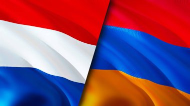 Hollanda ve Ermenistan bayrakları. 3 boyutlu dalgalanan bayrak tasarımı. Hollanda Ermenistan bayrağı, resim, duvar kağıdı. Hollanda, Ermenistan imajına karşı, 3D görüntüleme. Hollanda Ermenistan ilişkileri ittifakı