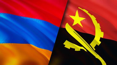 Ermenistan ve Angola bayrakları. 3 boyutlu dalgalanan bayrak tasarımı. Ermenistan Angola bayrağı, resim, duvar kağıdı. Ermenistan Angola 'ya karşı, görüntü 3 boyutlu. Ermenistan Angola ilişkileri ittifak ve ticaret, seyahat, turizm