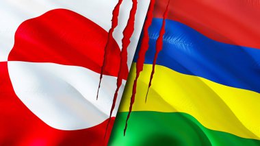 Grönland ve Mauritius yara izi olan bayraklar. Dalgalanan bayrak, 3 boyutlu görüntüleme. Grönland ve Mauritius çatışma konsepti. Grönland Mauritius ilişkileri kavramı. Grönland ve Mauritiu bayrağı