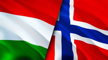 Macaristan ve Norveç bayrakları. 3 boyutlu dalgalanan bayrak tasarımı. Macaristan bayrağı, resim, duvar kağıdı. Macaristan Norveç 'e karşı, görüntü 3D. Macaristan Norveç ilişkileri ittifak ve ticaret, seyahat, turizm konsepti