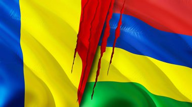 Romanya ve Mauritius yara izi kavramına sahip bayraklar. Dalgalanan bayrak, 3 boyutlu görüntüleme. Romanya ve Mauritius ihtilaf konsepti. Romanya Mauritius ilişkileri kavramı. Romanya bayrağı ve Mauritius krizi, savaş, attac