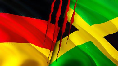 Yara izi olan Almanya ve Jamaika bayrakları. Dalgalanan bayrak, 3 boyutlu görüntüleme. Almanya ve Jamaika çatışma konsepti. Almanya Jamaika ilişkileri kavramı. Almanya ve Jamaika bayrağı krizi, savaş, saldırı konsepti