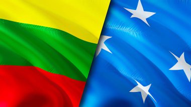 Litvanya ve Mikronezya bayrakları. 3 boyutlu dalgalanan bayrak tasarımı. Litvanya Mikronezya bayrağı, resim, duvar kağıdı. Litvanya, Mikronezya 'ya karşı, görüntü 3 boyutlu. Litvanya Mikronezya İlişkiler Birliği