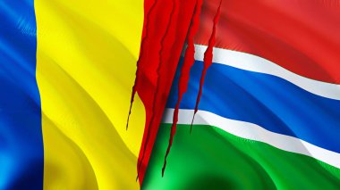 Romanya ve Gambiya yara izi kavramına sahip bayraklar. Dalgalanan bayrak, 3 boyutlu görüntüleme. Romanya ve Gambiya çatışması konsepti. Romanya Gambiya ilişkileri kavramı. Romanya ve Gambiya krizi bayrağı, savaş, saldırı konsepti