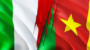 İtalya ve Kamerun yara izi olan bayraklar. Dalgalanan bayrak, 3 boyutlu görüntüleme. İtalya ve Kamerun çatışma konsepti. İtalya Kamerun ilişkileri konsepti. İtalya bayrağı ve Kamerun krizi, savaş, saldırı konsepti