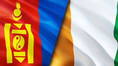 Moğolistan ve Fildişi Sahili bayrakları. 3 boyutlu dalgalanan bayrak tasarımı. Moğolistan Fildişi Bayrağı, resim, duvar kağıdı. Moğolistan, Cote d 'Ivoire' a karşı. Görüntü 3 boyutlu. Moğolistan Fildişi Sahili İlişkiler İttifakı