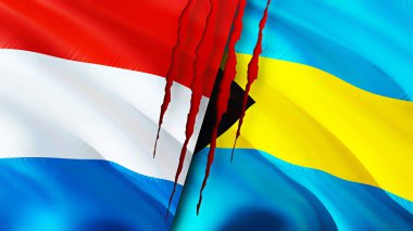 Lüksemburg ve Bahamalar yara izi olan bayraklar. Dalgalanan bayrak, 3 boyutlu görüntüleme. Lüksemburg ve Bahamalar çatışması konsepti. Lüksemburg Bahama ilişkileri kavramı. Lüksemburg bayrağı ve Bahamalar krizi, savaş