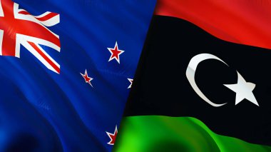 Yeni Zelanda ve Libya bayrakları. 3 boyutlu dalgalanan bayrak tasarımı. Yeni Zelanda Libya bayrağı, resim, duvar kağıdı. Yeni Zelanda Libya 'ya karşı, görüntü 3D. Yeni Zelanda Libya ilişkileri savaş ittifakı kavramı. Ticaret