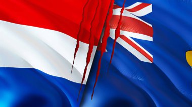 Hollanda ve Saint Helena bayrakları yara izi konseptiyle. Dalgalanan bayrak, 3 boyutlu görüntüleme. Hollanda ve Saint Helena çatışma konsepti. Hollanda Saint Helena ilişkileri kavramı. Hollanda bayrağı