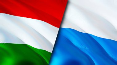 Macaristan ve San Marino bayrakları. 3 boyutlu dalgalanan bayrak tasarımı. Macaristan San Marino bayrağı, resim, duvar kağıdı. Macaristan, San Marino 'ya karşı, görüntü 3D. Macaristan San Marino ilişkileri