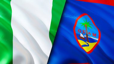 Nijerya ve Guam bayrakları. 3 boyutlu dalgalanan bayrak tasarımı. Nijerya Guam bayrağı, resim, duvar kağıdı. Nijerya, Guam 'a karşı, görüntü 3 boyutlu. Nijerya Guam ilişkileri ittifak ve ticaret, seyahat, turizm konsepti