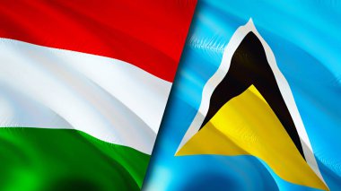 Macaristan ve Saint Lucia bayrakları. 3 boyutlu dalgalanan bayrak tasarımı. Macaristan Saint Lucia bayrağı, resim, duvar kağıdı. Macaristan, Saint Lucia 'ya karşı, görüntü 3 boyutlu. Macaristan Saint Lucia ilişkileri