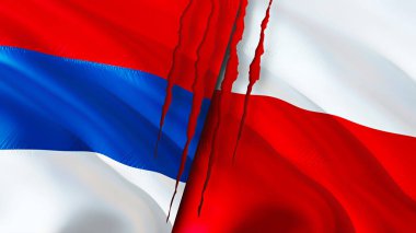 Sırbistan ve Polonya yara izi kavramına sahip. Dalgalanan bayrak, 3 boyutlu görüntüleme. Sırbistan ve Polonya ihtilaf kavramı. Sırbistan Polonya ilişkileri kavramı. Sırbistan ve Polonya 'nın bayrağı kriz, savaş, saldırı konsepti