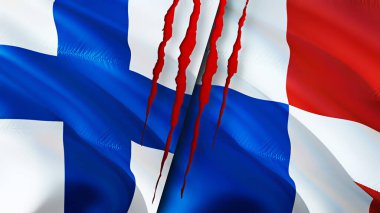 Finlandiya ve Panama bayraklarında yara izi var. Dalgalanan bayrak, 3 boyutlu görüntüleme. Finlandiya ve Panama çatışma konsepti. Finlandiya Panama ilişkileri kavramı. Finlandiya bayrağı ve Panama krizi, savaş, saldırı konsepti