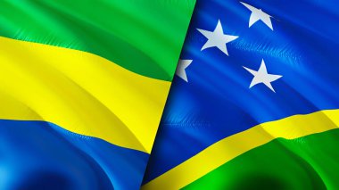 Gabon ve Solomon Adaları bayrakları. 3 boyutlu dalgalanan bayrak tasarımı. Gabon Solomon Adaları bayrağı, resim, duvar kağıdı. Gabon, Solomon Adaları 'na karşı. Görüntü 3 boyutlu. Gabon Solomon Adaları İlişkiler Birliği