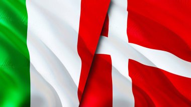 İtalya ve Danimarka bayrakları. 3 boyutlu dalgalanan bayrak tasarımı. İtalya Danimarka bayrağı, resim, duvar kağıdı. İtalya, Danimarka imajına karşı, 3D görüntüleme. İtalya Danimarka ilişkileri ittifak ve ticaret, seyahat ve turizm kavramları