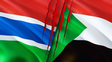 Gambiya ve Sudan bayrakları yara izi konseptiyle. Dalgalanan bayrak, 3 boyutlu görüntüleme. Gambiya ve Sudan çatışma konsepti. Gambiya Sudan ilişkileri kavramı. Gambiya ve Sudan bayrağı krizi, savaş, saldırı konsepti