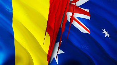 Romanya ve Avustralya yara izi kavramına sahip bayraklar. Dalgalanan bayrak, 3 boyutlu görüntüleme. Romanya ve Avustralya ihtilaf kavramı. Romanya Avustralya ilişkileri kavramı. Romanya ve Avustralya 'nın bayrağı kriz, savaş, attac