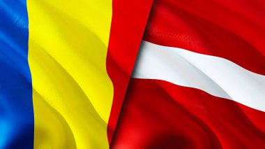 Romanya ve Letonya bayrakları. 3 boyutlu dalgalanan bayrak tasarımı. Romanya Letonya bayrağı, resim, duvar kağıdı. Romanya Letonya 'ya karşı imaj, 3D görüntüleme. Romanya Letonya ilişkileri ittifak ve ticaret, seyahat ve turizm consepti