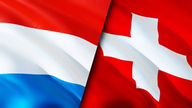Lüksemburg ve İsviçre bayrakları. 3 boyutlu dalgalanan bayrak tasarımı. Lüksemburg İsviçre bayrağı, resim, duvar kağıdı. Lüksemburg İsviçre 'ye karşı, görüntü 3D. Lüksemburg İsviçre ilişkileri
