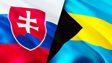 Slovakya ve Bahamalar bayrakları. 3 boyutlu dalgalanan bayrak tasarımı. Slovakya Bahamalar bayrağı, resim, duvar kağıdı. Slovakya, Bahamalar 'a karşı, görüntü 3 boyutlu. Slovakya Bahamalar ilişkileri ittifak ve ticaret, seyahat, turnuva