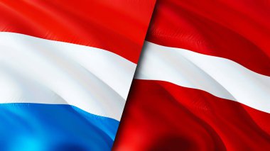 Lüksemburg ve Letonya bayrakları. 3 boyutlu dalgalanan bayrak tasarımı. Lüksemburg Letonya bayrağı, resim, duvar kağıdı. Lüksemburg, Letonya 'ya karşı görüntü, 3D görüntüleme. Lüksemburg Letonya ilişkileri ittifak ve ticaret, seyahat, turnuva