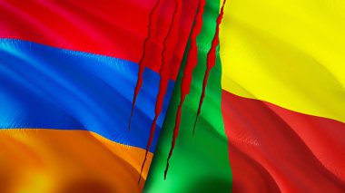 Yara izi olan Ermenistan ve Benin bayrakları. Dalgalanan bayrak, 3 boyutlu görüntüleme. Ermenistan ve Benin çatışma konsepti. Ermenistan Benin ilişkileri kavramı. Ermenistan bayrağı ve Benin krizi, savaş, saldırı konsepti