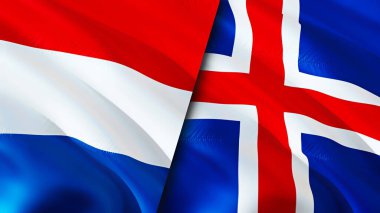Hollanda ve İzlanda bayrakları. 3 boyutlu dalgalanan bayrak tasarımı. Hollanda İzlanda bayrağı, resim, duvar kağıdı. Hollanda, İzlanda 'ya karşı, 3 boyutlu görüntü. Hollanda İzlanda ilişkileri ittifakı