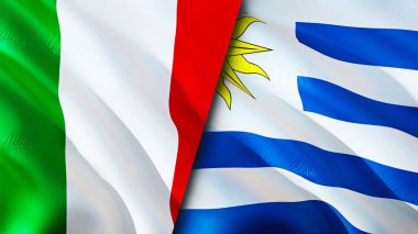 İtalya ve Uruguay bayrakları. 3 boyutlu dalgalanan bayrak tasarımı. İtalya Uruguay bayrağı, resim, duvar kağıdı. İtalya, Uruguay 'a karşı, görüntü 3 boyutlu. İtalya Uruguay ilişkileri ittifak ve ticaret, seyahat, turizm konsepti