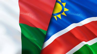 Madagaskar ve Namibya bayrakları. 3 boyutlu dalgalanan bayrak tasarımı. Madagaskar Namibya bayrağı, resim, duvar kağıdı. Madagaskar, Namibya 'ya karşı 3 boyutlu görüntüleme. Madagaskar Namibya ilişkileri