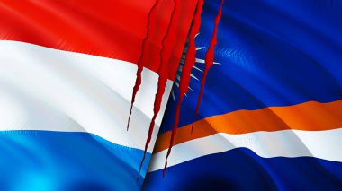 Lüksemburg ve Marshall Adaları yara izi olan bayraklar. Dalgalanan bayrak, 3 boyutlu görüntüleme. Lüksemburg ve Marshall Adaları çatışma konsepti. Lüksemburg Marshall Adaları ilişkileri kavramı. Lüksembol bayrağı