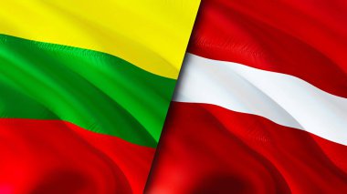 Litvanya ve Letonya bayrakları. 3 boyutlu dalgalanan bayrak tasarımı. Litvanya Letonya bayrağı, resim, duvar kağıdı. Litvanya, Letonya imajına karşı, 3 boyutlu canlandırma. Litvanya Letonya ilişkileri ittifak ve ticaret, seyahat, turnuva