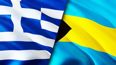 Yunanistan ve Bahamalar bayrakları. 3 boyutlu dalgalanan bayrak tasarımı. Yunanistan Bahamalar bayrağı, resim, duvar kağıdı. Yunanistan, Bahamalar 'a karşı, görüntü 3 boyutlu. Yunanistan Bahamalar ilişkileri ittifak ve Ticaret, seyahat, turizm konsepti