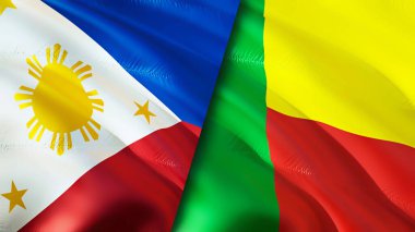 Filipinler ve Benin bayrakları. 3 boyutlu dalgalanan bayrak tasarımı. Filipinler Benin bayrağı, resim, duvar kağıdı. Filipinler, Benin imajına karşı, 3D görüntüleme. Filipinler Benin ilişkileri ittifak ve ticaret, seyahat, turnuva