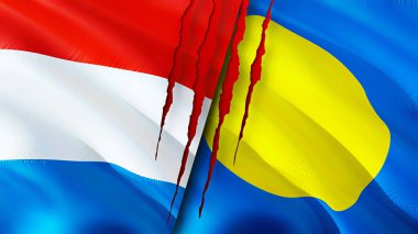 Yara izi olan Lüksemburg ve Palau bayrakları. Dalgalanan bayrak, 3 boyutlu görüntüleme. Lüksemburg ve Palau çatışma konsepti. Lüksemburg Palau ilişkileri kavramı. Lüksemburg bayrağı ve Palau krizi, savaş, attac