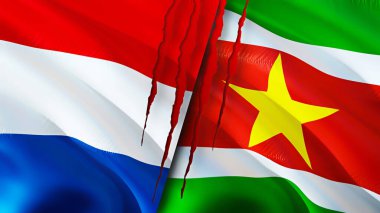 Hollanda ve Surinam bayrakları yara izi konseptiyle. Dalgalanan bayrak, 3 boyutlu görüntüleme. Hollanda ve Surinam çatışma konsepti. Hollanda Surinam ilişkileri kavramı. Hollanda ve Surinam bayrağı