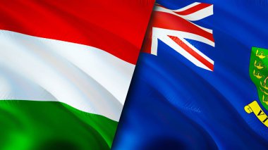 Macaristan ve Britanya Virgin Adaları bayrakları. 3 boyutlu dalgalanan bayrak tasarımı. Macaristan İngiliz Virjin Adaları bayrağı, resim, duvar kağıdı. Macaristan, Britanya Virjin Adaları 'na karşı. Görüntü 3D. Macaristan İngiliz Virgi