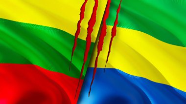 Yara izi olan Litvanya ve Gabon bayrakları. Dalgalanan bayrak, 3 boyutlu görüntüleme. Litvanya ve Gabon çatışma konsepti. Litvanya Gabon ilişkileri kavramı. Litvanya ve Gabon bayrağı krizi, savaş, saldırı konsepti