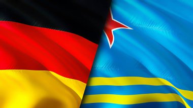 Almanya ve Aruba bayrakları. 3 boyutlu dalgalanan bayrak tasarımı. Almanya Aruba bayrağı, resim, duvar kağıdı. Almanya, Aruba 'ya karşı, görüntü 3 boyutlu. Almanya Aruba ilişkileri ittifak ve ticaret, seyahat, turizm konsepti