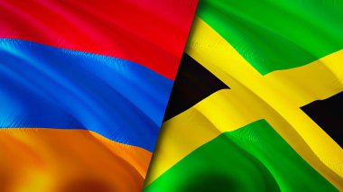 Ermenistan ve Jamaika bayrakları. 3 boyutlu dalgalanan bayrak tasarımı. Ermenistan Jamaika bayrağı, resim, duvar kağıdı. Ermenistan, Jamaika imajına karşı, 3 boyutlu canlandırma. Ermenistan Jamaika ilişkileri ittifak ve ticaret, seyahat ve turizm