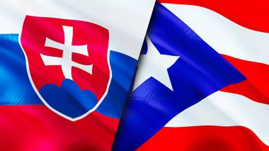 Slovakya ve Porto Riko bayrakları. 3 boyutlu dalgalanan bayrak tasarımı. Slovakya Porto Riko bayrağı, resim, duvar kağıdı. Slovakya, Porto Riko 'ya karşı, görüntü 3 boyutlu. Slovakya Porto Riko İlişkiler Birliği