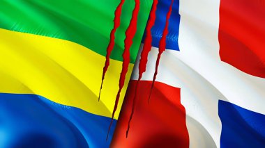Gabon ve Dominik Cumhuriyeti bayrakları yara izi konseptiyle. Dalgalanan bayrak, 3 boyutlu görüntüleme. Gabon ve Dominik Cumhuriyeti çatışma konsepti. Gabon Dominik Cumhuriyeti ilişkileri kavramı. Gabon ve Dominica bayrağı